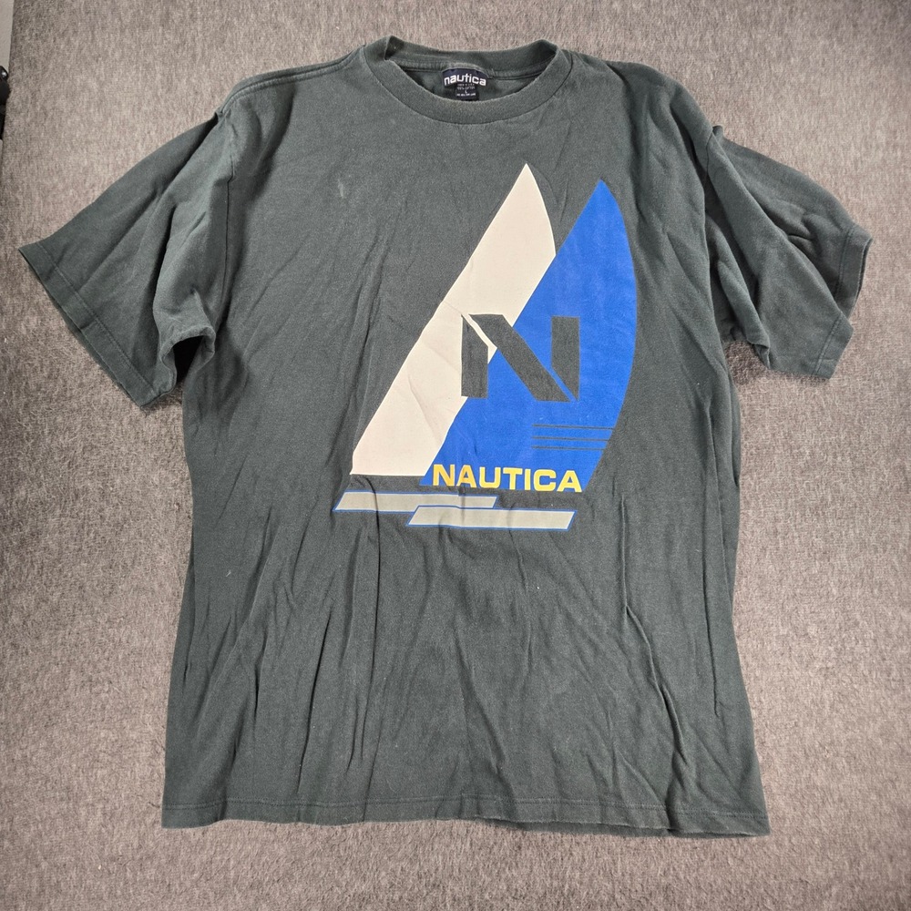 Vintage Nautica Sailing T Shirt Mens Large Green Sailboat Graphic Made in USA